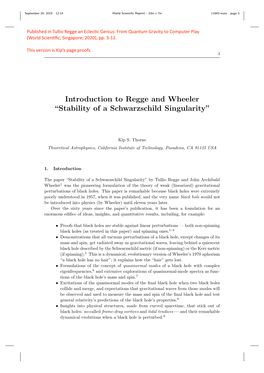 Introduction to Regge and Wheeler “Stability of a Schwarzschild Singularity”