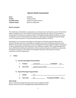 Species Assessment for Jefferson Salamander