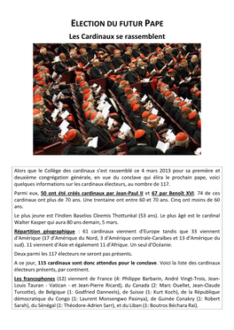 ELECTION DU FUTUR PAPE Les Cardinaux Se Rassemblent