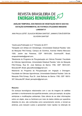 Análise Temporal Dos Índices De Vegetação Ndvi E Savi Na Estação Experimental De Itatinga Utilizando Imagens Landsat 8¹