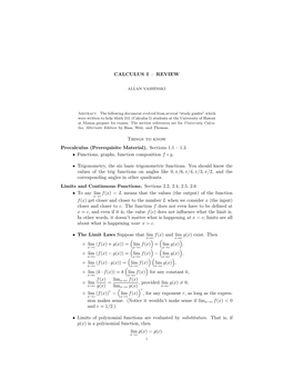 CALCULUS I – REVIEW Things to Know Precalculus (Prerequisite Material). Sections 1.1 – 1.3 • Functions, Graphs, Function C