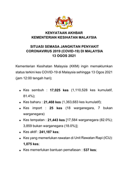 Kenyataan Akhbar Ketua Pengarah Kesihatan