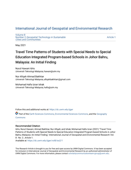 Travel Time Patterns of Students with Special Needs to Special Education Integrated Program-Based Schools in Johor Bahru, Malaysia: an Initial Finding