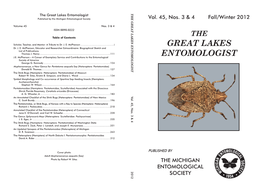 Great Lakes Entomologist the Grea T Lakes E N Omo L O G Is T Published by the Michigan Entomological Society Vol