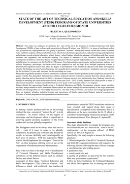 State of the Art of Technical Education and Skills Development (Tesd) Programs of State Universities and Colleges in Region Iii