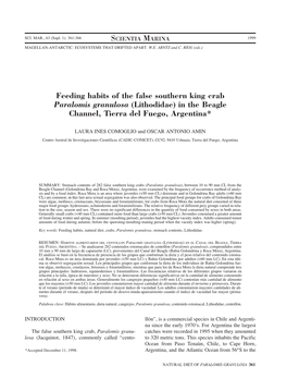 Feeding Habits of the False Southern King Crab Paralomis Granulosa (Lithodidae) in the Beagle Channel, Tierra Del Fuego, Argentina*