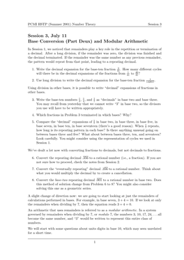 Session 3, July 11 Base Conversion (Part Deux) and Modular Arithmetic