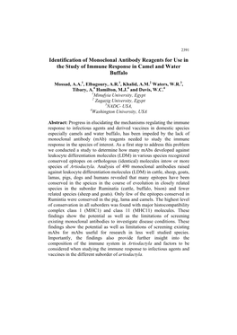 Identification of Monoclonal Antibody Reagents for Use in the Study of Immune Response in Camel and Water Buffalo