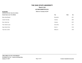 THE OHIO STATE UNIVERSITY Dean's List AUTUMN SEMESTER 2016 Australia Data As of January 19, 2017 Sorted by Zip Code, City and Last Name