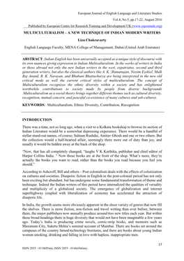 MULTICULTURALISM – a NEW TECHNIQUE of INDIAN MODERN WRITERS Liza Chakravarty English Language Faculty, MENA College of Management, Dubai (United Arab Emirates)