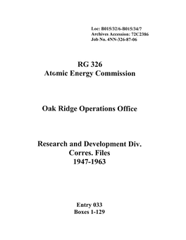 RG 326 Atomic Energy Commission Oak Ridge Operations Office