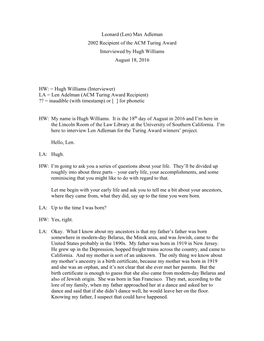 Leonard (Len) Max Adleman 2002 Recipient of the ACM Turing Award Interviewed by Hugh Williams August 18, 2016