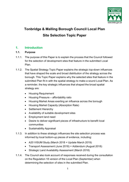 Tonbridge & Malling Borough Council Local Plan Site Selection Topic Paper