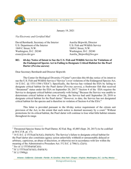 Notice of Intent to Sue: Pearl Darter Critical Habitat