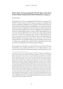 David I. Kertzer, the Pope and Mussolini. the Secret History of Pius XI and the Rise of Fascism in Europe (Oxford: Oxford University Press, 2014), Pp