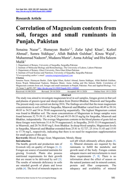 Correlation of Magnesium Contents from Soil, Forages and Small Ruminants in Punjab, Pakistan