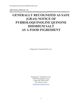 GRAS Notice 701, Pyrroloquinoline Quinone Disodium Salt