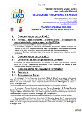 DELEGAZIONE PROVINCIALE Di SASSARI 1.1. Revoca