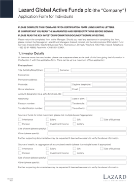 Global Active Funds Plc (The “Company”) Application Form for Individuals