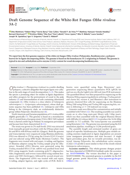 Draft Genome Sequence of the White-Rot Fungus Obba Rivulosa 3A-2