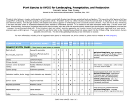 Plant Species to AVOID for Landscaping, Revegetation, and Restoration Colorado Native Plant Society Revised by the Horticulture and Restoration Committee, May, 2002