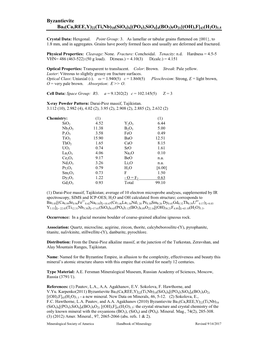 Byzantievite Ba5(Ca,REE,Y)22(Ti,Nb)18(Sio4)4[(PO4),Sio4]4(BO3)9O21[(OH),F]43(H2O)1.5