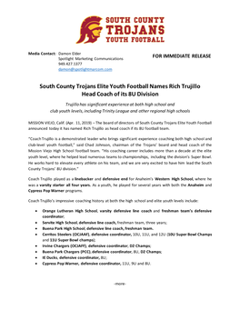 South County Trojans Elite Youth Football Names Rich Trujillo Head Coach of Its 8U Division