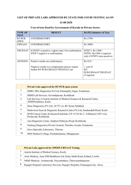 LIST of PRIVATE LABS APPROVED by STATE for COVID TESTING AS on 21-08-2020 Cost of Tests Fixed by Government of Kerala in Private Sector