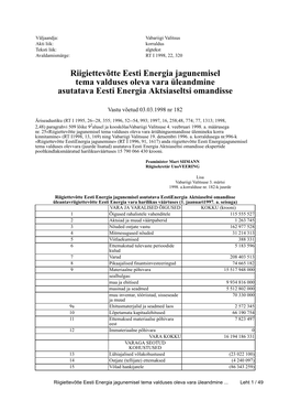 Riigiettevõtte Eesti Energia Jagunemisel Tema Valduses Oleva Vara Üleandmine Asutatava Eesti Energia Aktsiaseltsi Omandisse