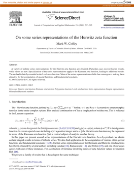 On Some Series Representations of the Hurwitz Zeta Function Mark W