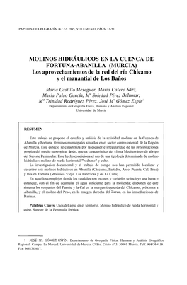 MOLINOS HIDRÁULICOS EN LA CUENCA DE FORTUNA-ABANILLA (MURCIA) Los Aprovechamientos De La Red Del Río Chícamo Y El Manantial De Los Baños