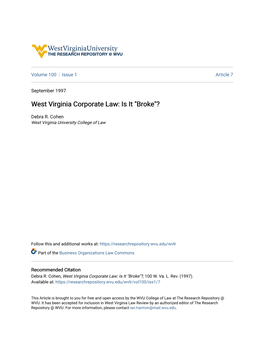 West Virginia Corporate Law: Is It 