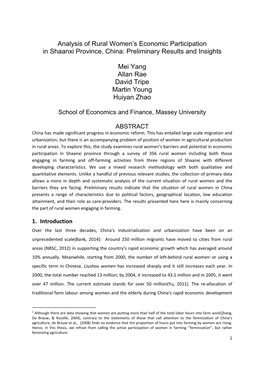 Analysis of Rural Women's Economic Participation in Shaanxi Province, China: Preliminary Results and Insights Mei Yang Allan R