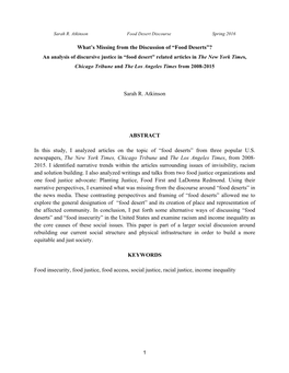 What's Missing from the Discussion of “Food Deserts”? Sarah R. Atkinson