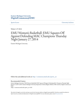 EMU Women's Basketball: EMU Squares Off Against Defending MAC Champions Thursday Night January 27, 2014 Eastern Michigan University