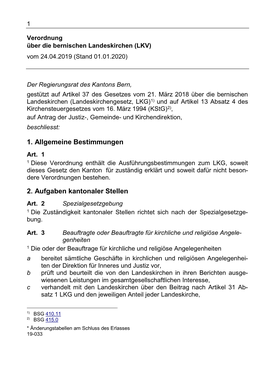 Verordnung Über Die Bernischen Landeskirchen (LKV) Vom 24.04.2019 (Stand 01.01.2020)