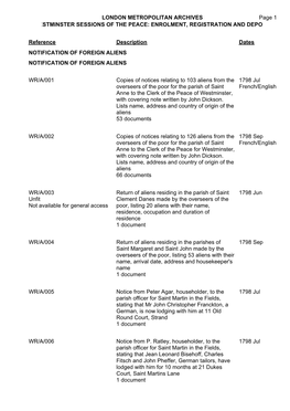 LONDON METROPOLITAN ARCHIVES WESTMINSTER SESSIONS of the PEACE: ENROLMENT, REGISTRATION and DEPOSIT WR Page 1 Reference Descript