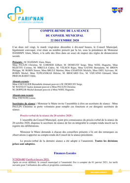 COMPTE-RENDU DE LA SEANCE DU CONSEIL MUNICIPAL 22 DECEMBRE 2020 Finances Locales