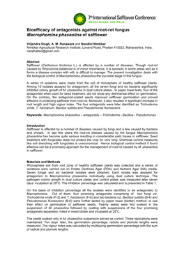 Bioefficacy of Antagonists Against Root-Rot Fungus Macrophomina Phaseolina of Safflower