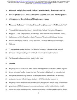 Genomic and Phylogenomic Insights Into the Family Streptomycetaceae Lead to Proposal of Charcoactinosporaceae Fam. Nov. and 8 No