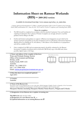 Information Sheet on Ramsar Wetlands (RIS) – 2009-2012 Version