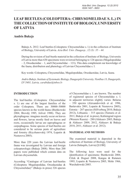 Leaf Beetles (Coleoptera: Chrysomelidae S. L.) in the Collection of Institute of Biology, University of Latvia