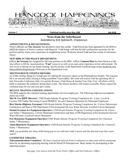 News from the Selectboard Submitted by Erik Spitzbarth, Chairperson APPOINTMENTS & RECOGNITIONS: Norm Leblond, Our Tax Assessor, Has Decided to Retire This Month