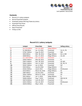 Contents Record U.S. Lottery Jackpots