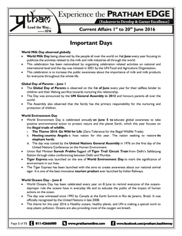 Current Affairs 1St to 20Th June 2016 Important Days