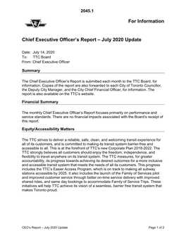 For Information Chief Executive Officer's Report – July 2020