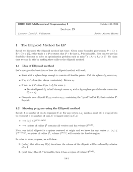 Lecture 19 1 the Ellipsoid Method for LP