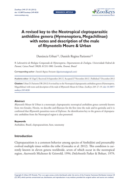 A Revised Key to the Neotropical Cleptoparasitic Anthidiine Genera