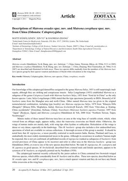 Descriptions of Matrona Oreades Spec. Nov. and Matrona Corephaea Spec. Nov. from China (Odonata: Calopterygidae)