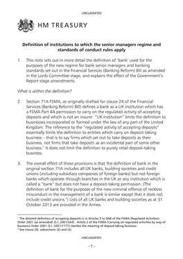 Definition of Institutions to Which the Senior Managers Regime and Standards of Conduct Rules Apply 1. This Note Sets out In